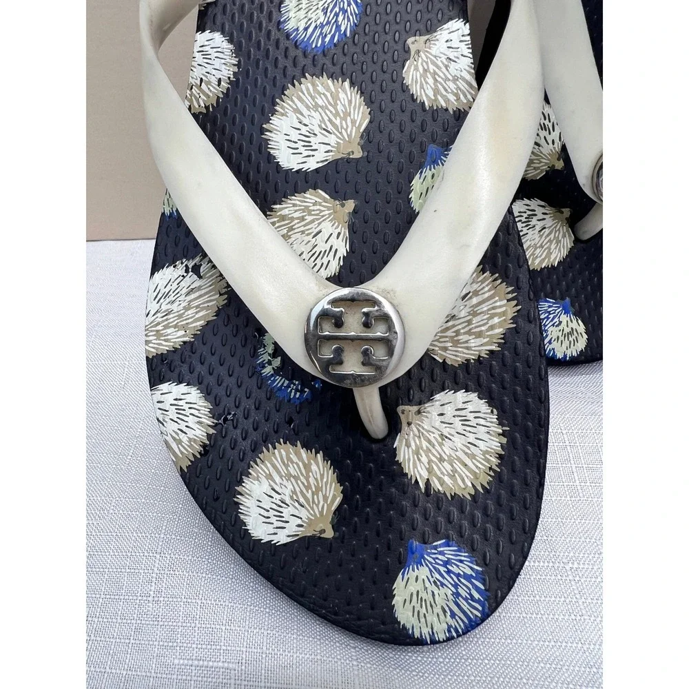 Tory Burch Flip Flop Sandals Womens 8 Black Hedgehog Print Good Casual Thong
